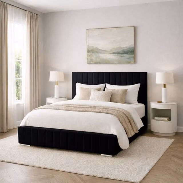 Desire Deco Platinum Upholstered Plush Velvet Bed Frame in Black, W/D/H: 90 x 190 cm