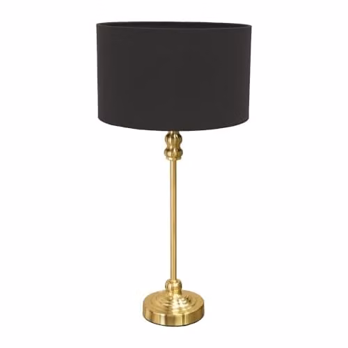 ValueLights Gold Metal Candlestick Table Lamp with Grey Fabric Drum Shade and Included LED Bulb – 1