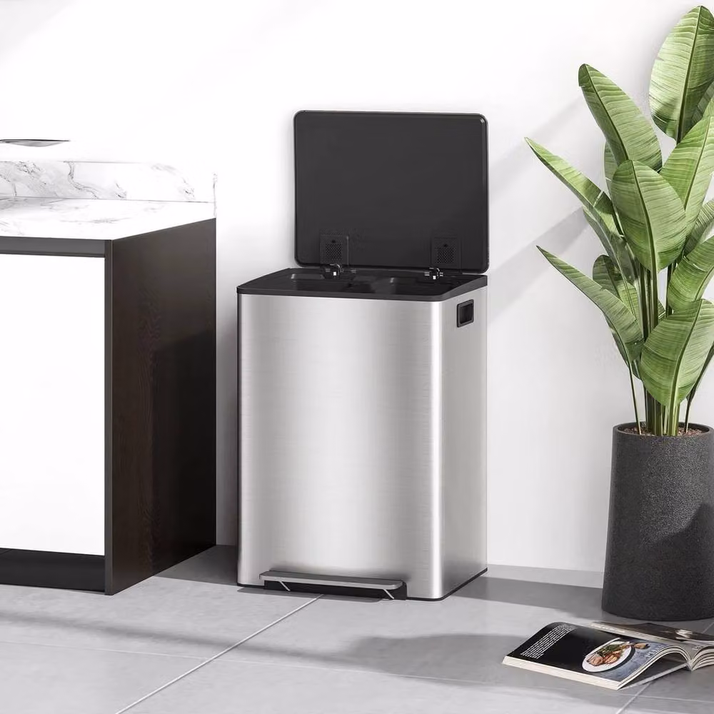 VOGREX Double Kitchen Pedal Bin with Soft-Close Lid and Removable Inner Buckets, Silver Stainless Steel, 2 x 30L – 4