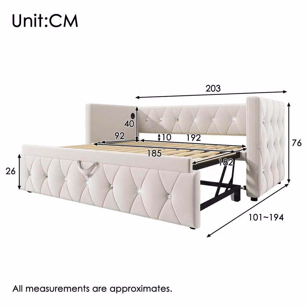 ModernLuxe Single Upholstered Velvet Daybed with Pull Out Trundle and Lift Up Base in Beige, W/D/H: 190 x 90 x 76 cm – 2