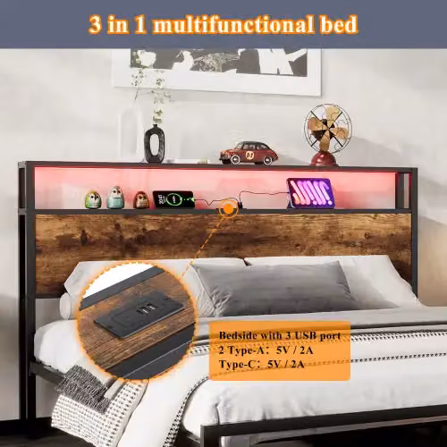 Matteo Black Metal Double Bed with LED Light Strip, 2 Drawers and USB Charging Ports, 140 x 200 cm – 5