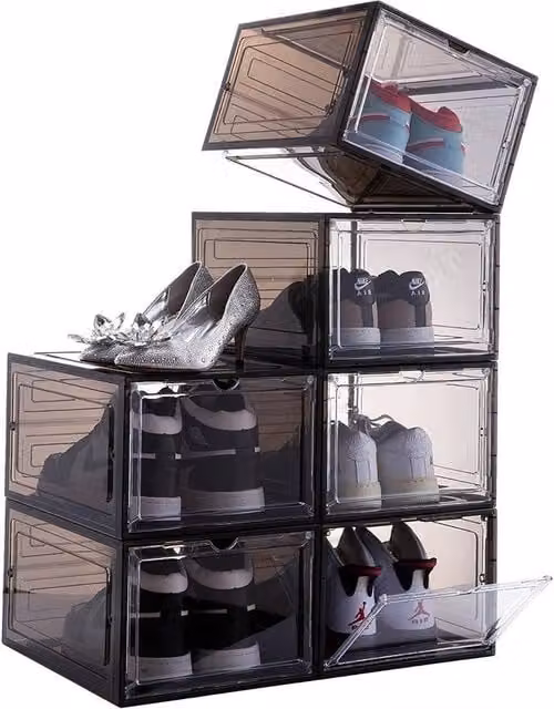 FORGEVIO Black 6 Pack Transparent Clear Stackable Acrylic Shoe Storage Box Rack, Width: 50 cm