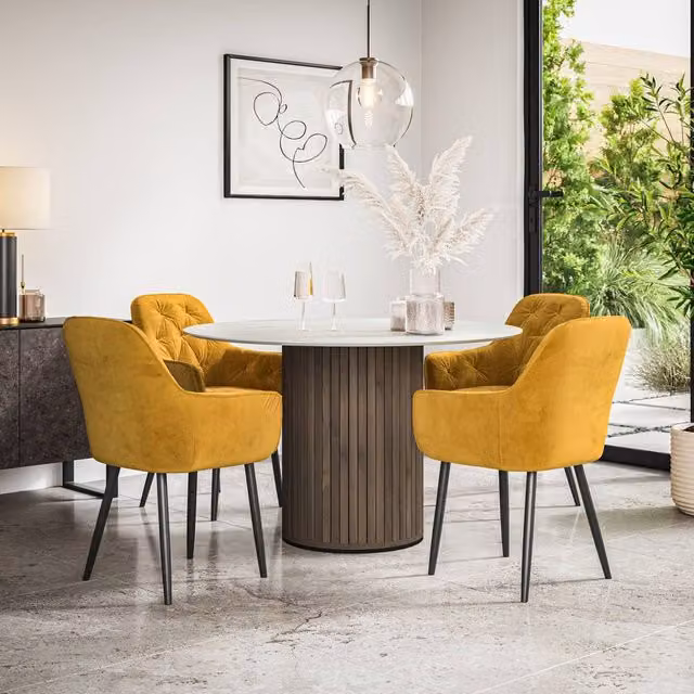 More4Homes Arlo White Marble Table Top with Walnut Legs and Anika Mustard Velvet Dining Chairs Set – 1