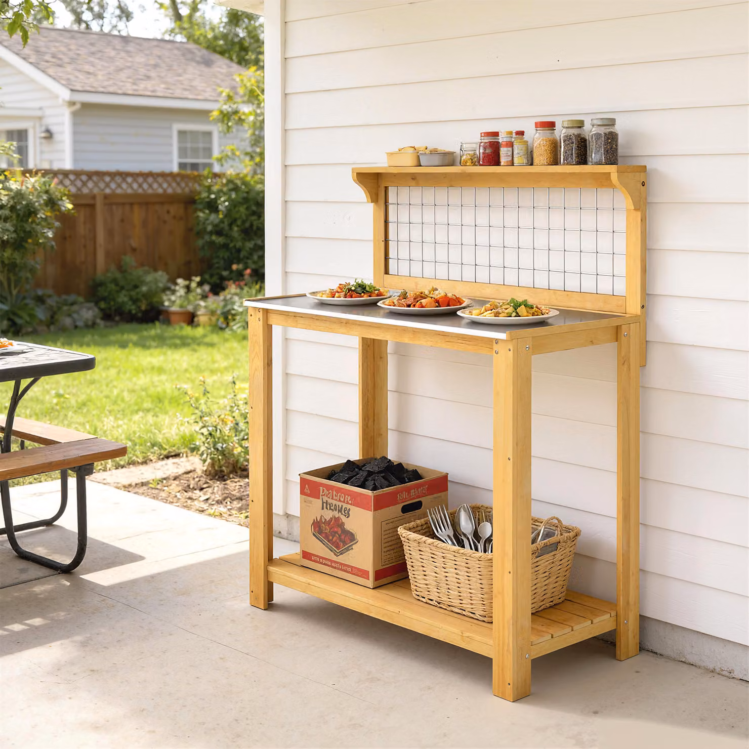 Outsunny Wooden Potting Bench Table with Aluminium Worktop and 2 Shelves in Brown – 5