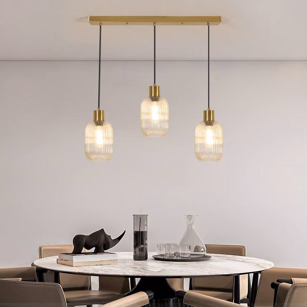 Goeco Clear Glass Chandelier with Ribbed Glass Lampshade and Bronze Gold Finish – 2