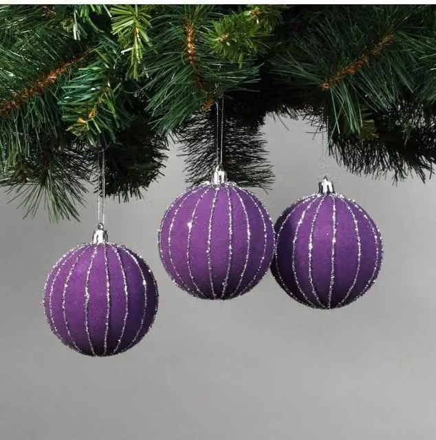 KDMD Set of 6 Purple Velvet Christmas Baubles with Glitter, Diameter: 8 cm