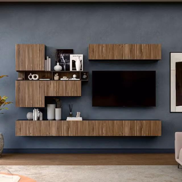 Decorotika Telby Modern Wall Mounted Entertainment Center in Black with Geometric Alina Pattern