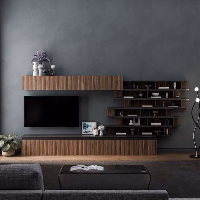 Decorotika Sevilla Wall Mounted Modern Entertainment Center in Black and Brown with Striped Pattern