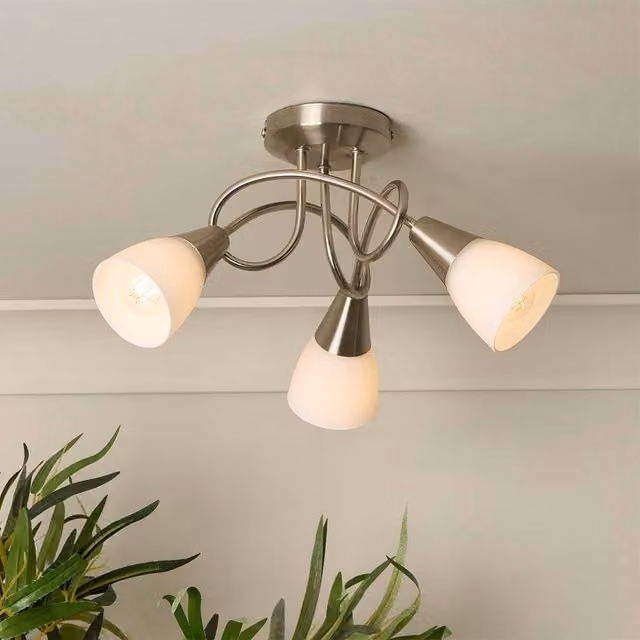 Lighting Collection Swirl-Arm 3-Light Ceiling Fitting with Silver Metal and White Glass Cone Shades