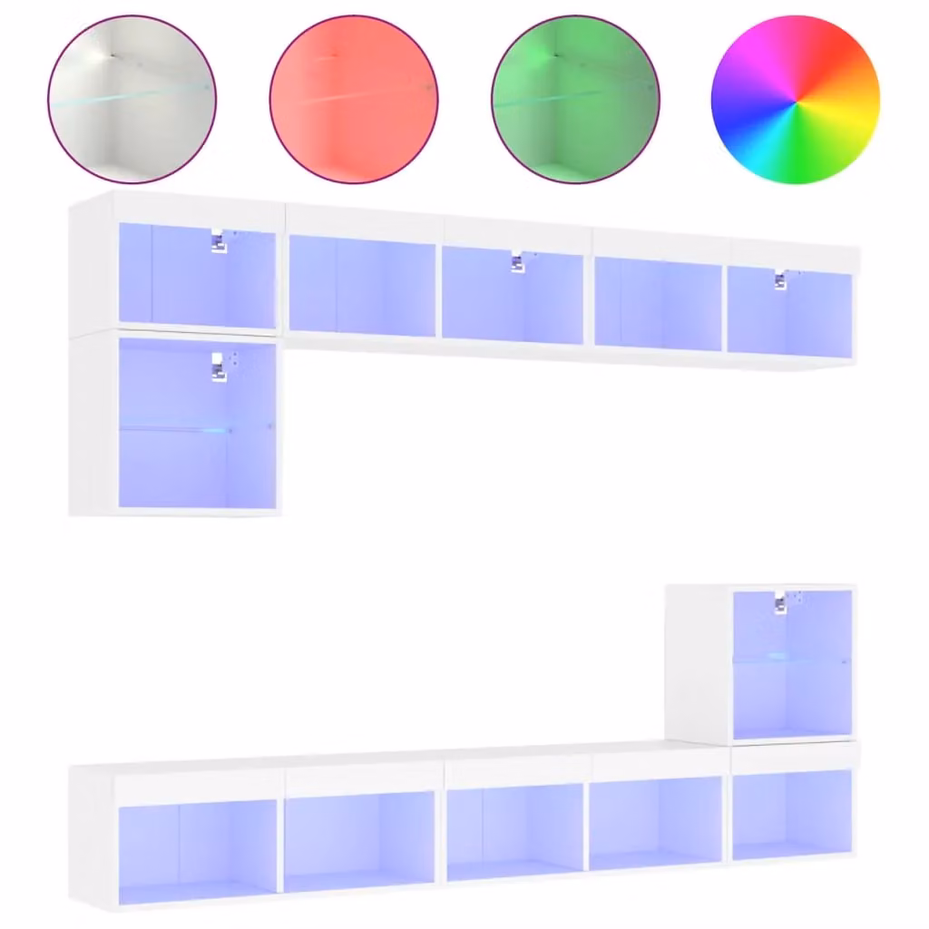 Berkfield Home 8 Piece Modern White Glossy TV Wall Unit Set with Integrated LED Lighting and Glass Doors – 2
