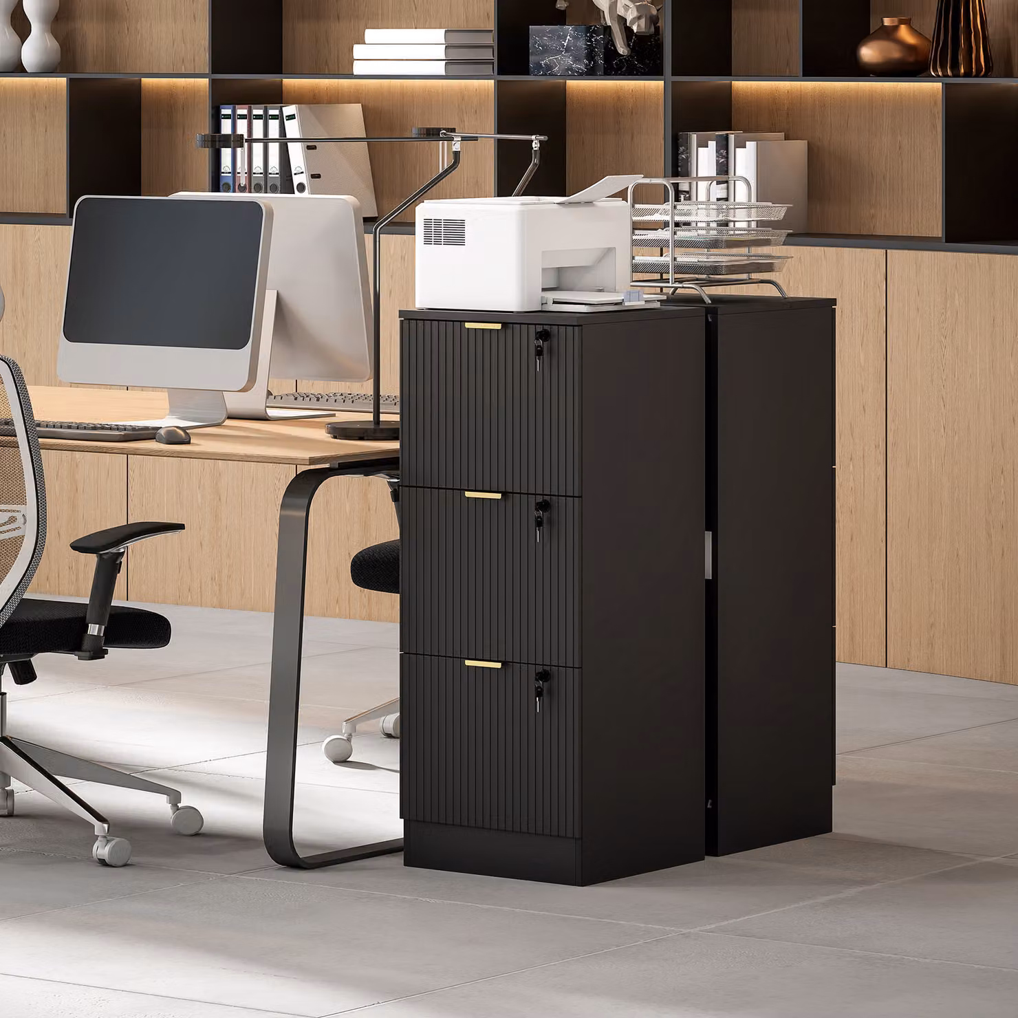 HOMCOM Black and Gold Fluted Vertical Filing Cabinet with 3 Lockable Drawers and Hanging Rails – 8