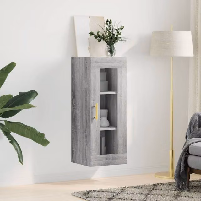 Berkfield Home Wall Mounted Grey Cabinet with Glass Doors, W/D/H: 34.5 x 34 x 90 cm