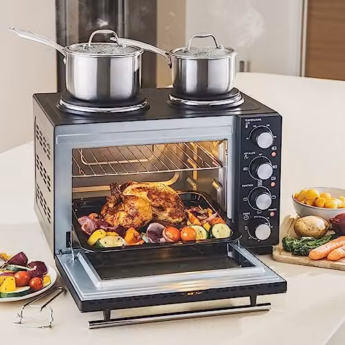 Cooks Professional 28L Mini Portable Oven with Two Cast Iron Hobs, Grill and Convection Functions, Black and Silver – 3