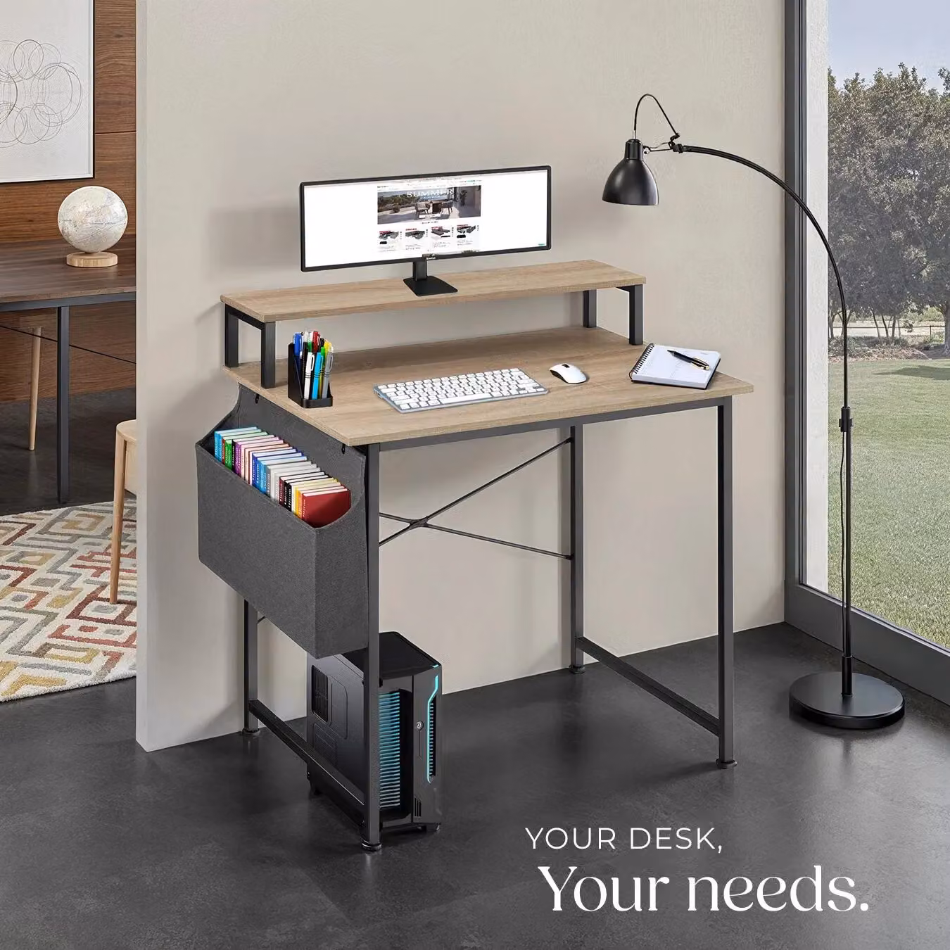 tectake Industrial Computer Desk with Shelving and Fabric Storage Bag in Light Oak – 6