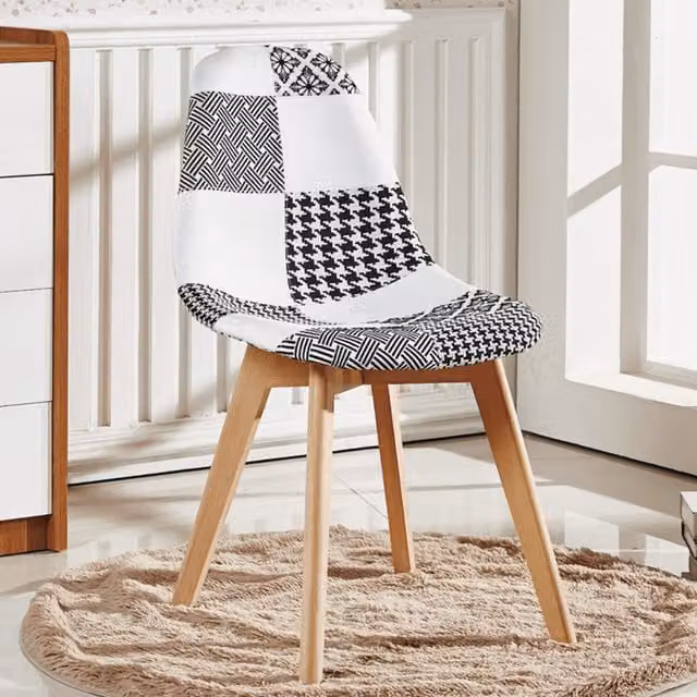 Life Interiors Set of 6 Chrono Patchwork Dining Chairs in Black, White and Multicolour Mid-Century Abstract Fabric and Wood