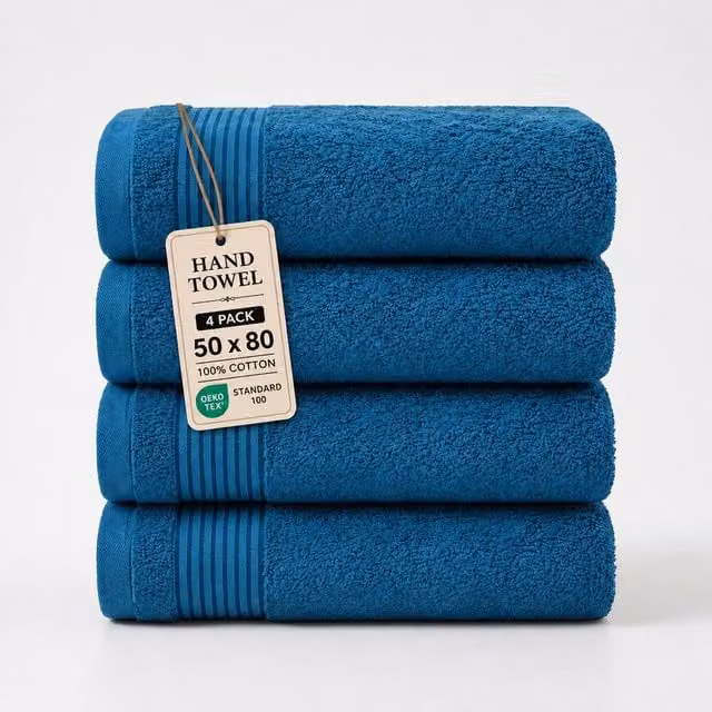 Grace Premium Fluffy Cotton Hand Towels, 4 Pack, Petrol Blue, 500 GSM