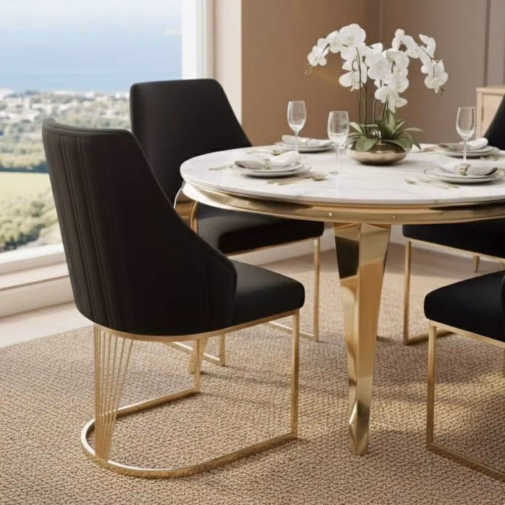 Home Luxe Interior Sofia Round Cream and Gold Marble Dining Table with 4 Lasco Black and Gold Chairs – 4