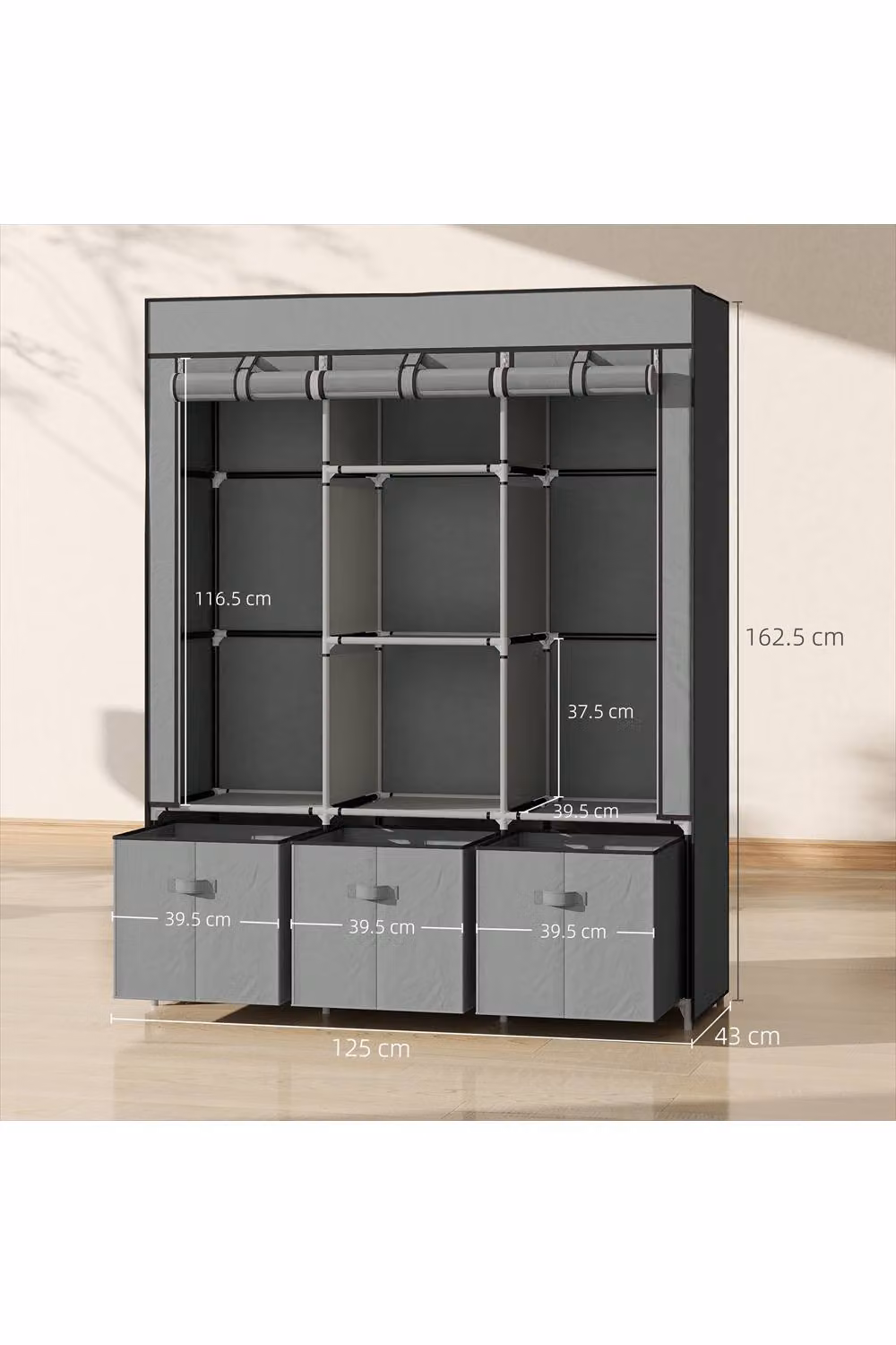 ERGOVEXA Portable Fabric Wardrobe with Hinged Doors and Integrated Drawers, Grey, H 162.5 x W 125 x D 43 cm – 2