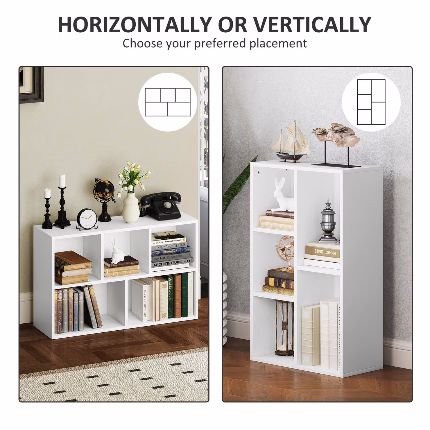 HOMCOM Modern 2-Tier Freestanding Cube Bookshelf with 5 Compartments in White – 4
