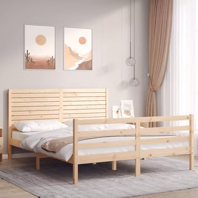 Berkfield Home Solid Pine Wood Bed Frame with Headboard in Brown, W/D/H: 160 x 200 cm