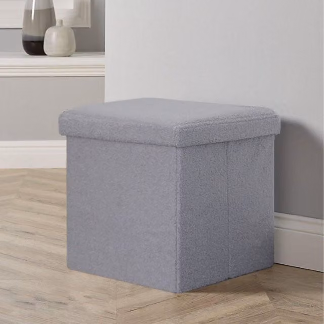 Home Source Grey Bouclé Fabric Square Folding Ottoman, W/D/H: 38 x 38 x 38 cm