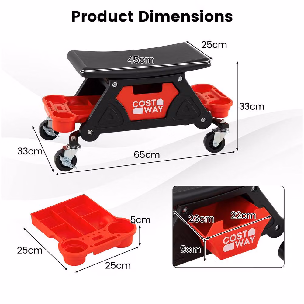 Costway Heavy-Duty Rolling Mechanic Garage Stool with Drawer and 2 Trays in Red – 8