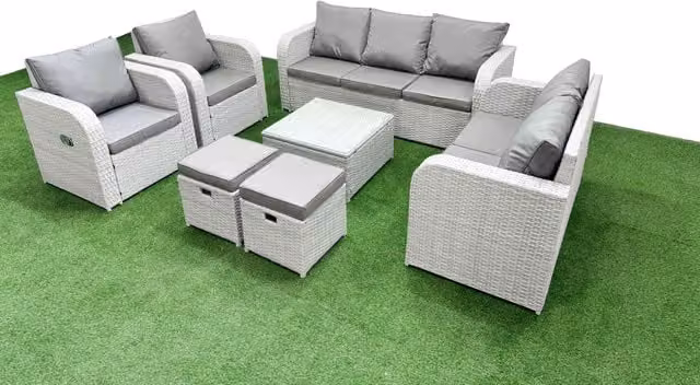 Fimous PE Rattan Garden Furniture Set in Light Grey with 2 Seater Sofa, Coffee Table and 2 Ottomans