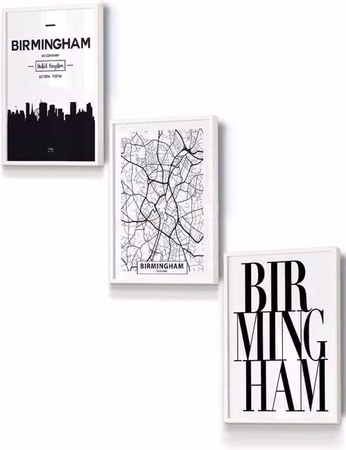 ARTZE Birmingham Skyline Street Map Framed Wall Art, White, W: 33 cm, H: 45 cm, D: 2 cm