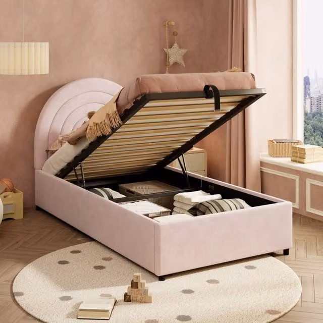 ModernLuxe Kids Single Velvet Upholstered Bed with Hydraulic Storage and Headboard in Pink, W/D/H: 90 x 200 x 150 cm