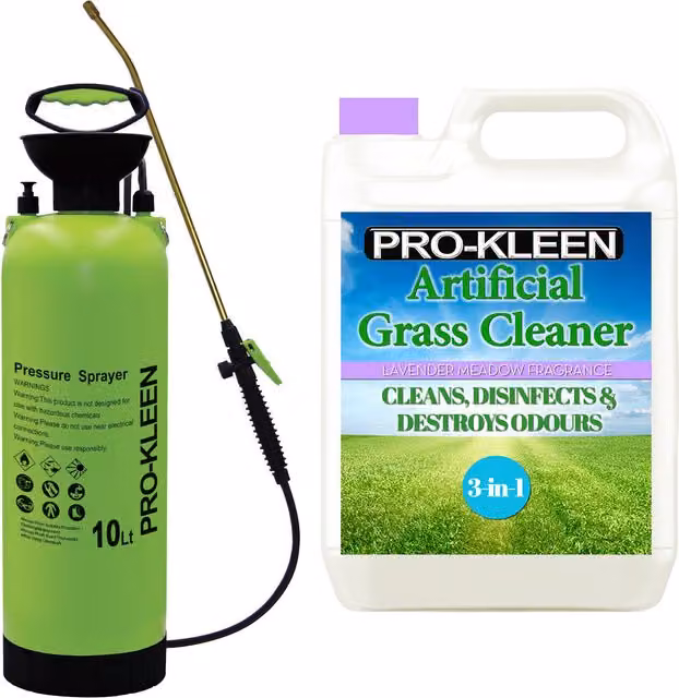 Pro-Kleen 10L Manual Pressure Sprayer with 5L Lavender Artificial Grass Cleaner in Pink and Green