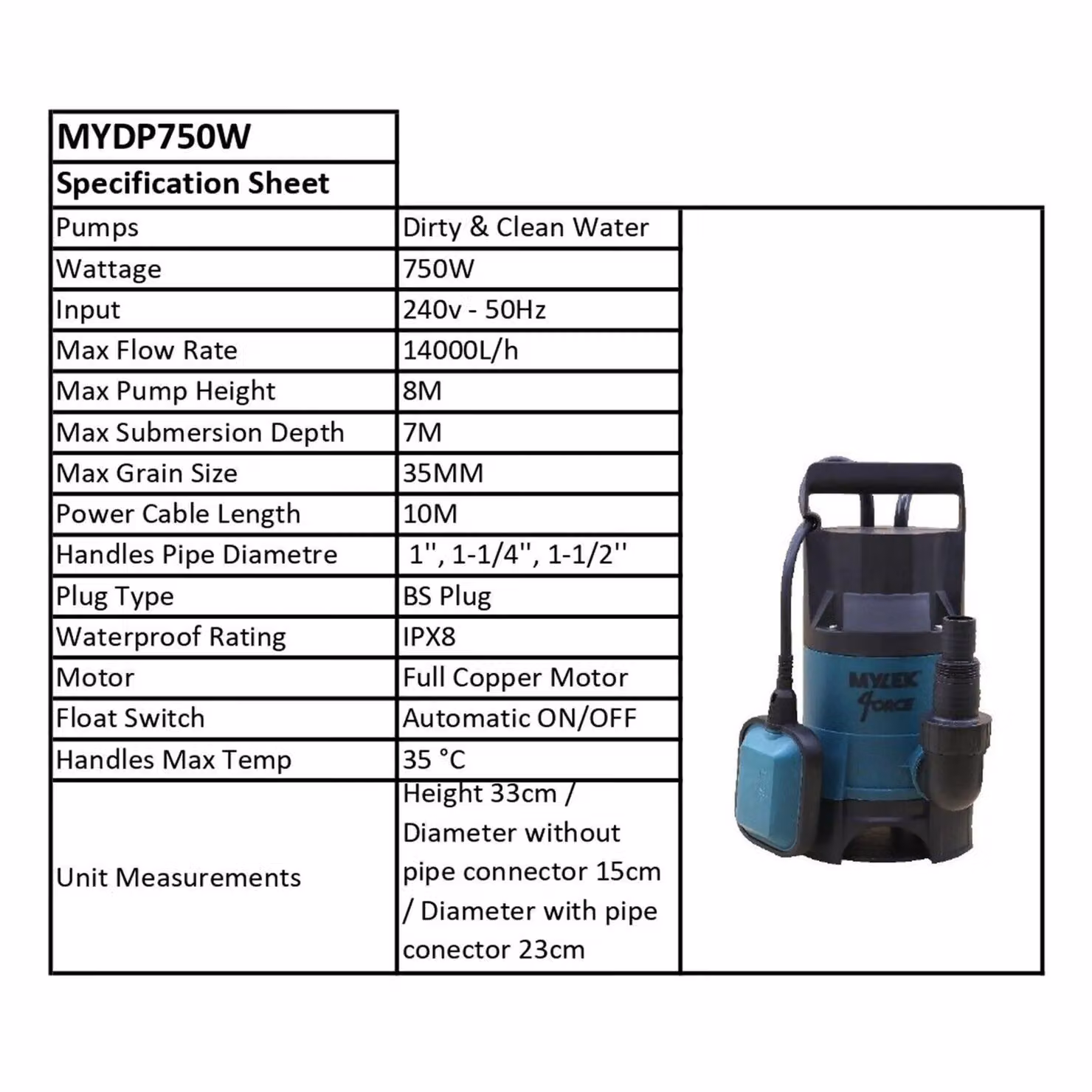 MYLEK 750W Electric Submersible Dirty or Clean Water Pump in Blue – 4
