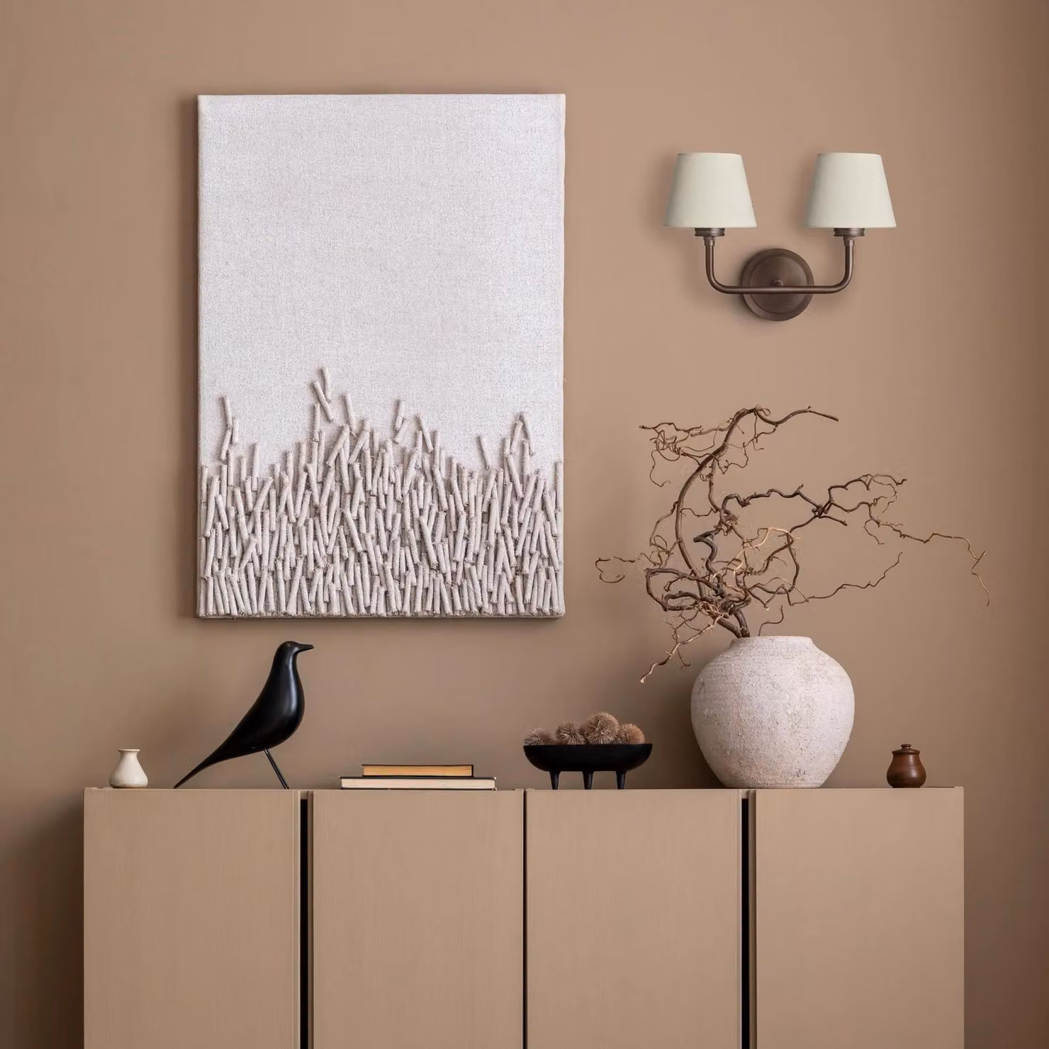 Industville Albany Double Wall Light with Natural Cotton Shades in Bronze – 2