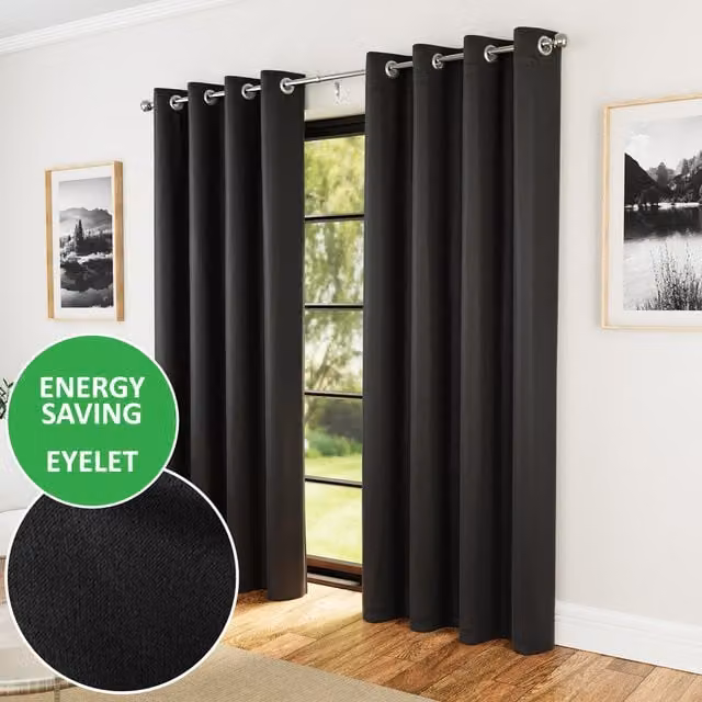 Enhanced Living Pair of Supersoft Plain Thermal Eyelet Curtains, Black, Width: 137 cm, Height: 117 cm