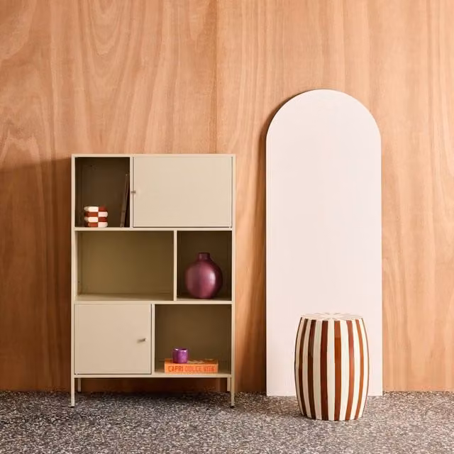 sweeek Industrial Metal Freestanding Storage Cabinet with Hinged Doors and Internal Shelves in Cream