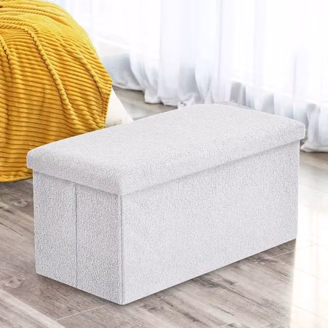 Home Republic Teddy Boucle Foldable Storage Ottoman in White, Medium