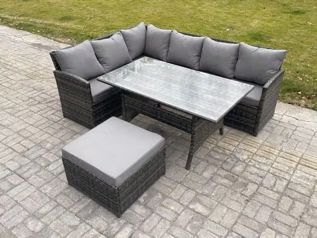 Fimous 7 Seater Rattan Garden Furniture Set with High Back Corner Sofa, Rectangular Dining Table and Large Footstool in Dark Grey