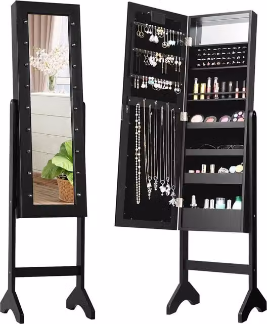 COSTWAY 2-in-1 Freestanding Jewellery Armoire Cabinet with LED Lighting and Mirror in Black
