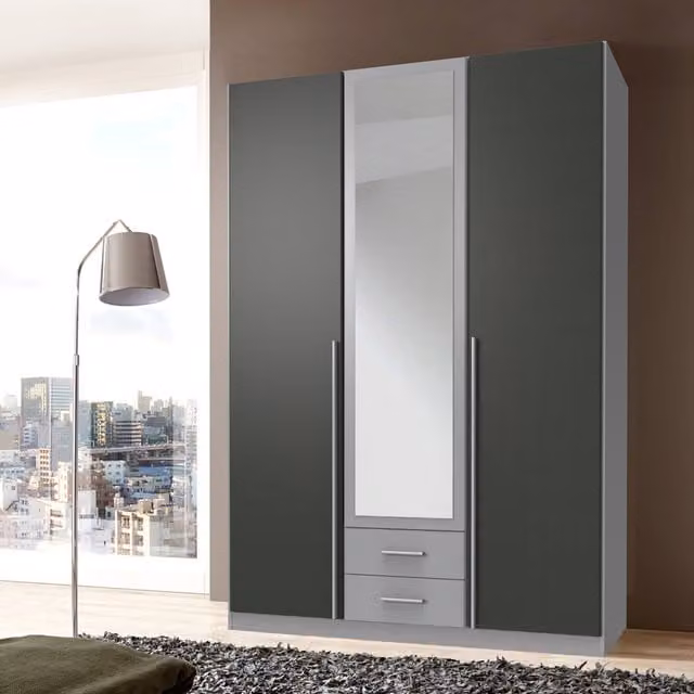 TJS Husum Modern 3 Door Grey Wardrobe with Mirror and Internal Drawers