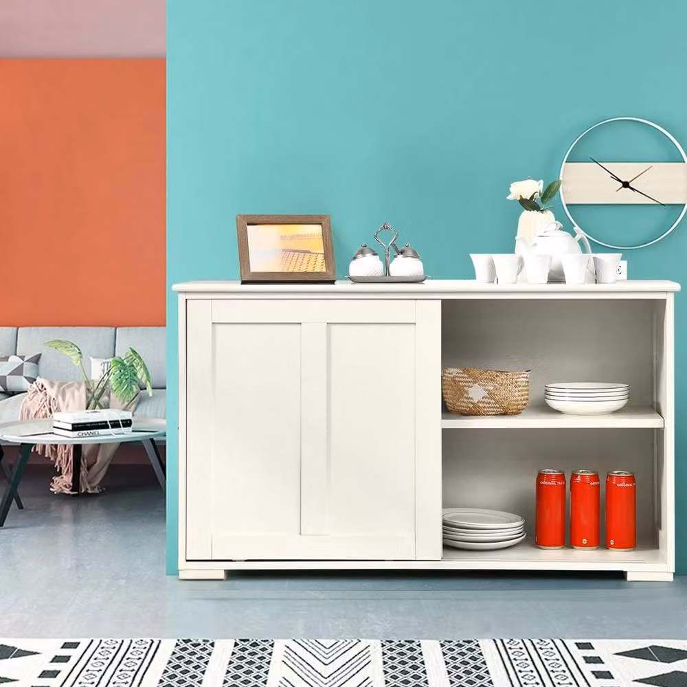 KORVIXA White Freestanding Kitchen Storage Cabinet with Sliding Doors and Internal Shelves – 2
