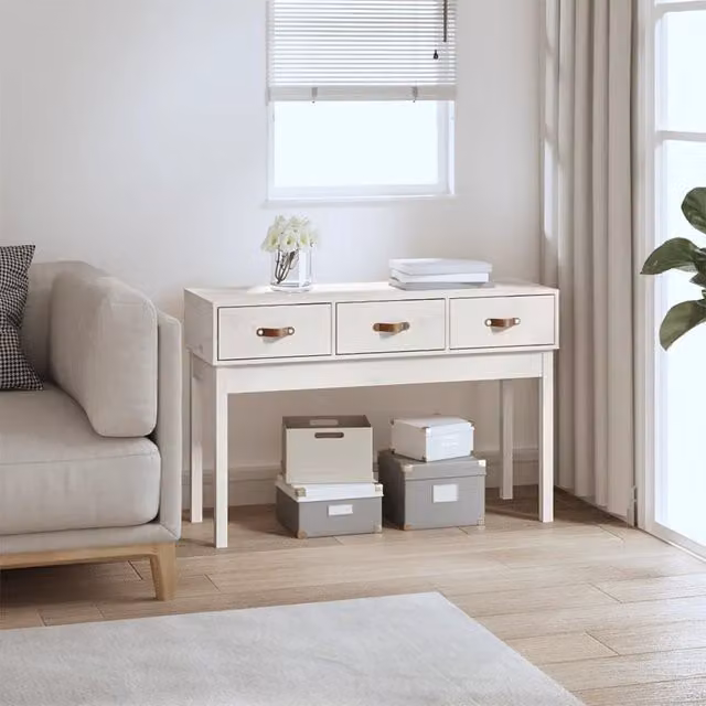 Berkfield Home White Rustic Solid Wood Pine Console Table W/D/H: 114 x 40 x 75 cm – 1