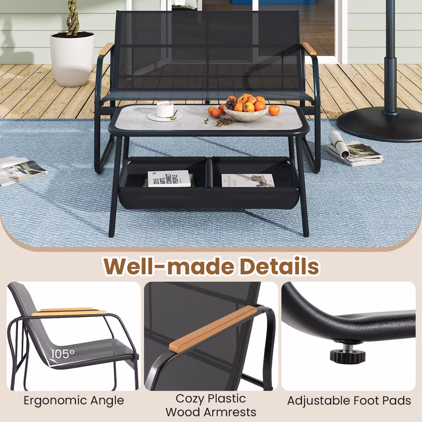 Gymax 2-Piece Outdoor Loveseat and Coffee Table Set in Black with Storage Armrests and Cushions – 2