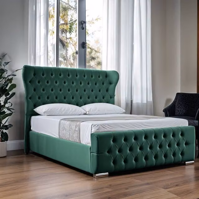 UK Bed Furniture Isabella Green Velvet Upholstered Slatted Base Bed with 48 Inch Wingback Headboard, Size: Super King (200 x 200 cm)