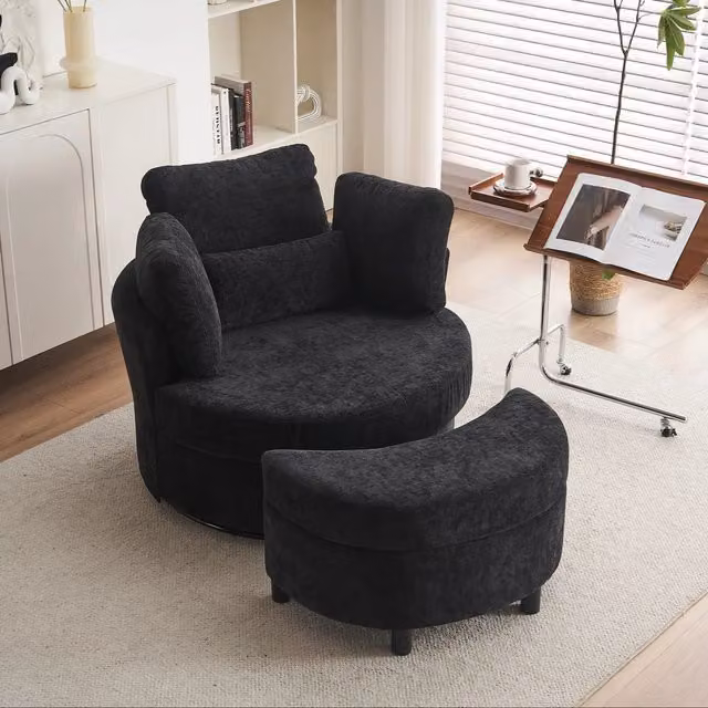 Aosom.UK Black Chenille Swivel Bedroom Chair with 3 Back Cushions and Crescent Ottoman Stool, W/D/H: 105 x 107 x 82 cm – 1