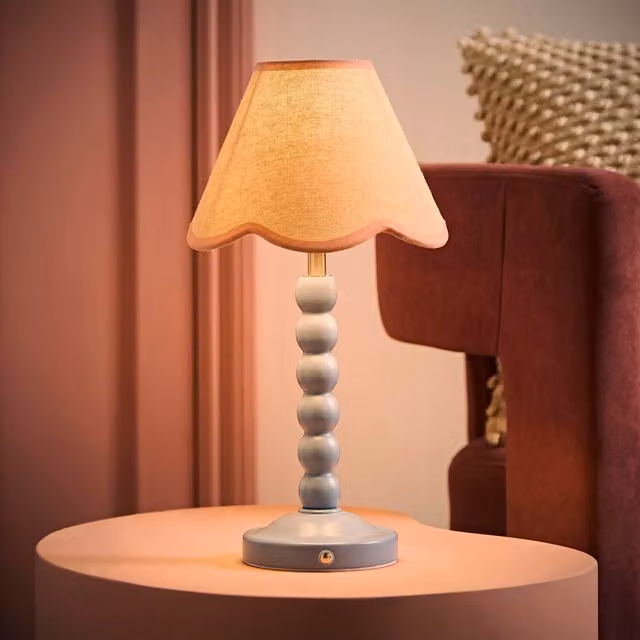 ValueLights Bobbin Scallop Trim Shade Rechargeable Portable Table Lamp in Blue and Cream – 1