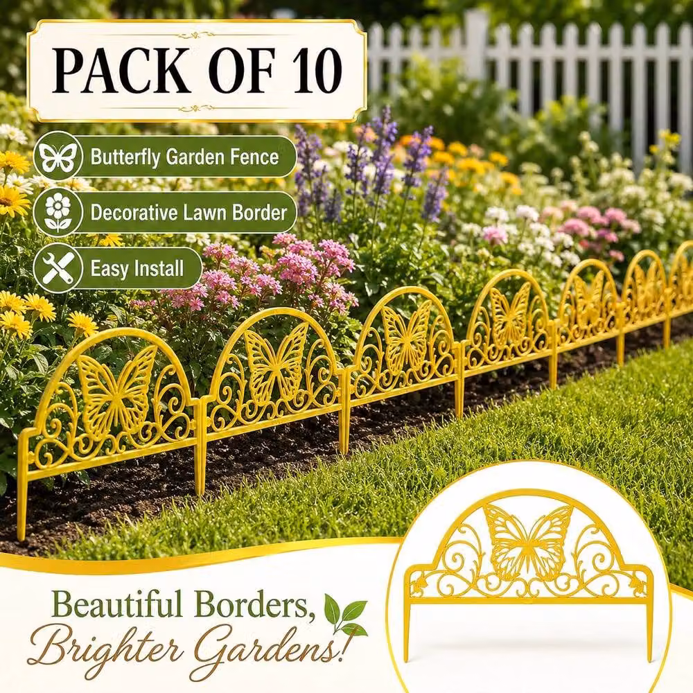 NESTLUNE Yellow Plastic Garden Edging Fence, 10 Pieces, W: 100 cm, H: 15 cm – 1