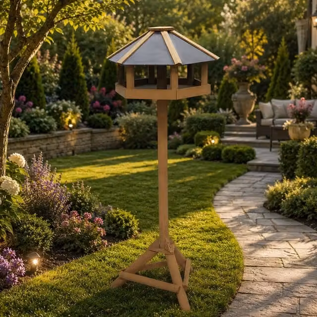 Gr8 Garden Hexagonal Wooden Bird Feeding Station with Roof, Brown
