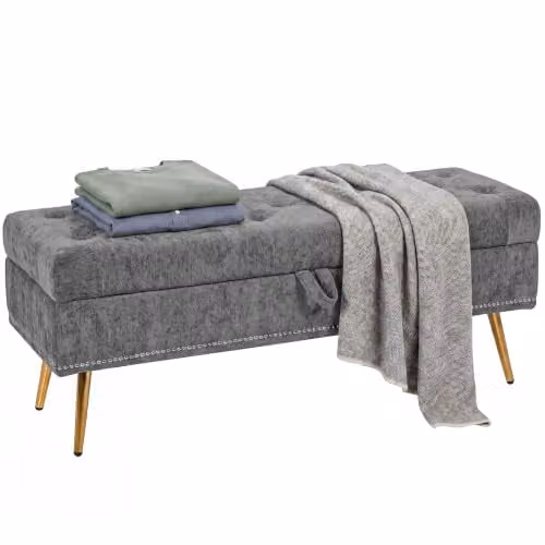 HOMCOM Grey Upholstered Storage Ottoman, W: 114 cm, D: 41 cm, H: 45 cm