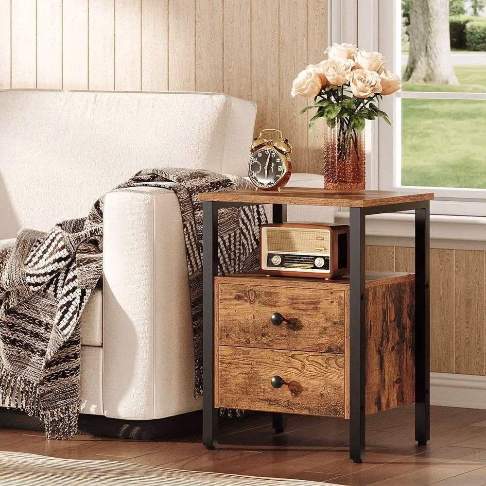 FLAVORA Brown Industrial Small Side Bedside Table, W/D/H: 40 x 40 x 61 cm – 2