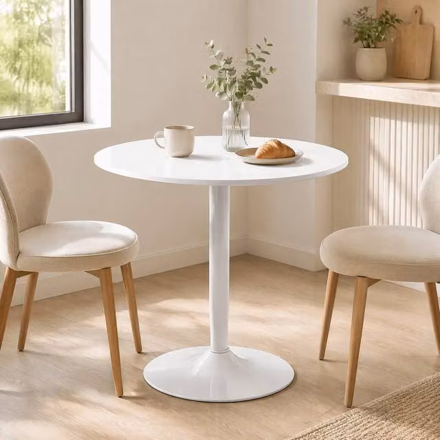 STILVORA Round Lacquered Wood Dining Table with Metal Central Column, White, Diameter: 70 cm