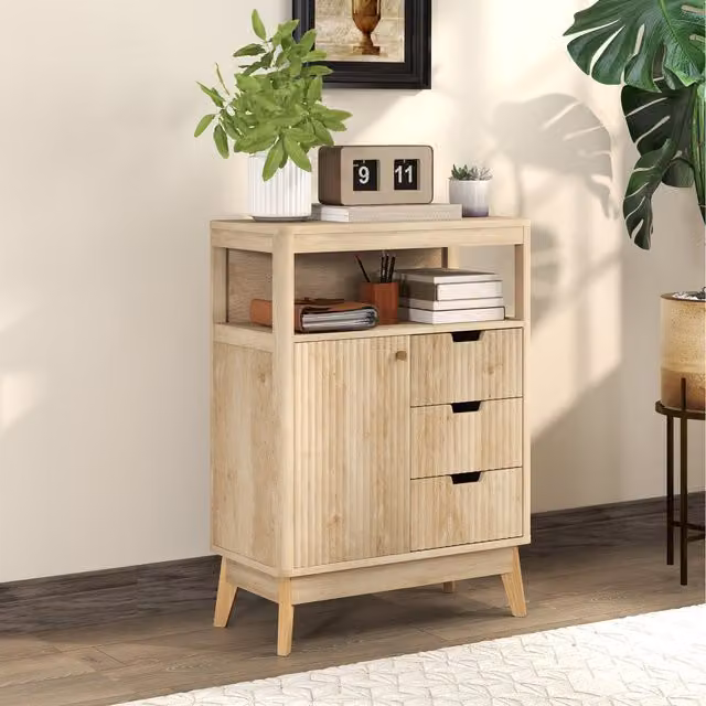 HOMCOM Modern Wood Sideboard Storage Cabinet in Brown and Yellow for Living Room, Kitchen or Bathroom